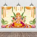 Pooja Ganpati Decoration Banner Indian Puja Cloth Items Backdrop Traditional Chatiya Ganesh Mehndi Photography Background Wedding Festival Party Marigold Garlands Photo Booth 70.8x43.3inch