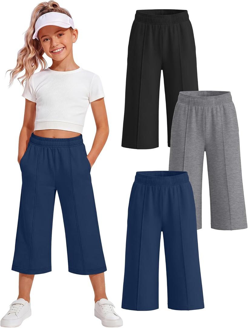 3 Pack Girls Capri Pants with Pocket, Summer Wide Leg Pants, Back to School Clothes for Kids Teen 5-14 Y