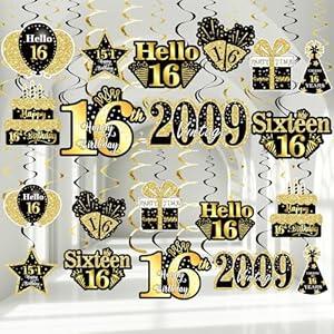 36PCS Black Gold 16th Birthday Decorations Hanging Swirls for Boys Girls, Happy 16th Birthday Party Supplies Vintage 2009 Foil Swirls, Sixteen Year Old Birthday Ceiling Hanging Decorations Sign Decor