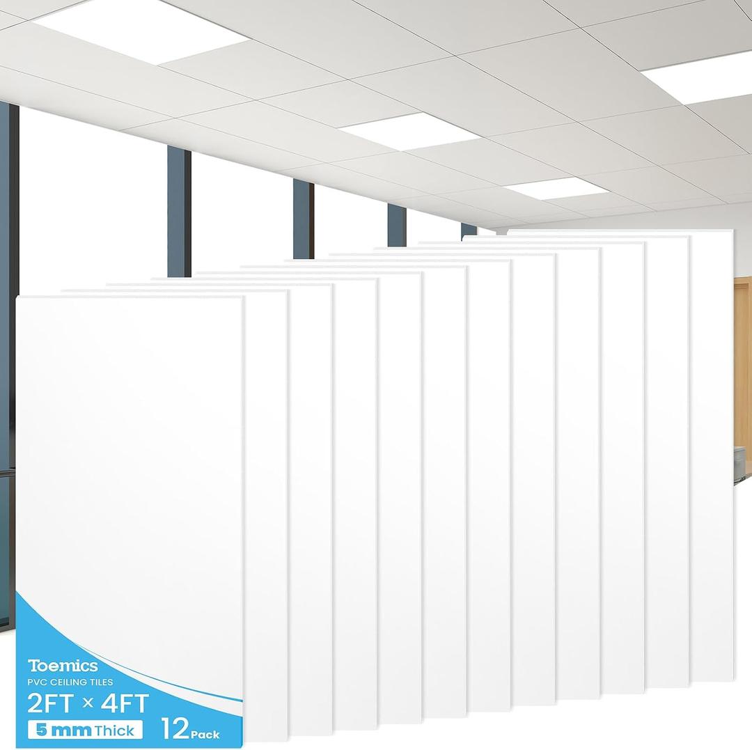 12 Pack Drop Ceiling Tiles 2ft x 4ft PVC Waterproof Panel Cover 5mm Washable and Fire-Rated Drop Tile 48 Sq. Ft - White