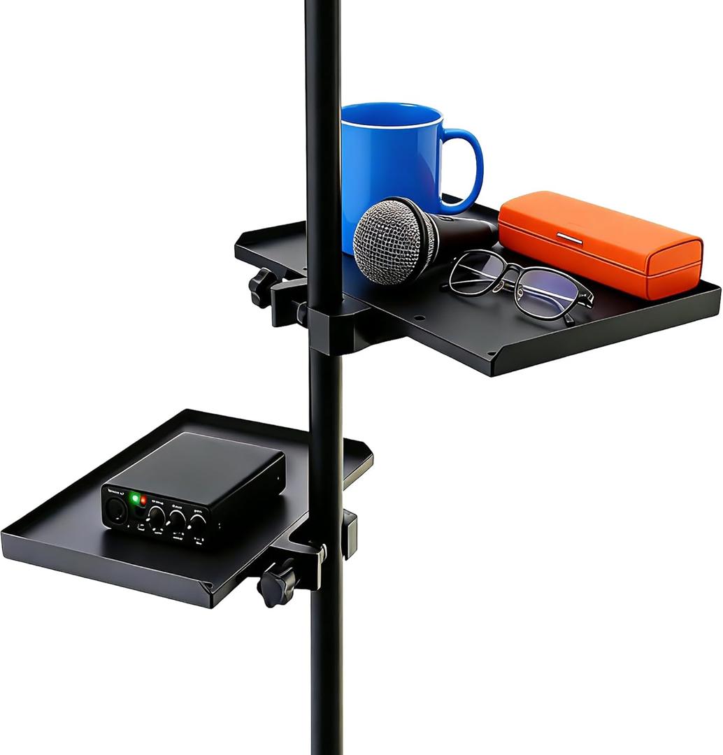 2pcs Microphone Stand 9.4"x6.8" 7.9"x5.5" Tray Adjustable Clamp-on Utility Shelf Rack Tray for Stage Music Stand Audio Mixer Karaoke Stage Live Streaming Recording Broadcasting
