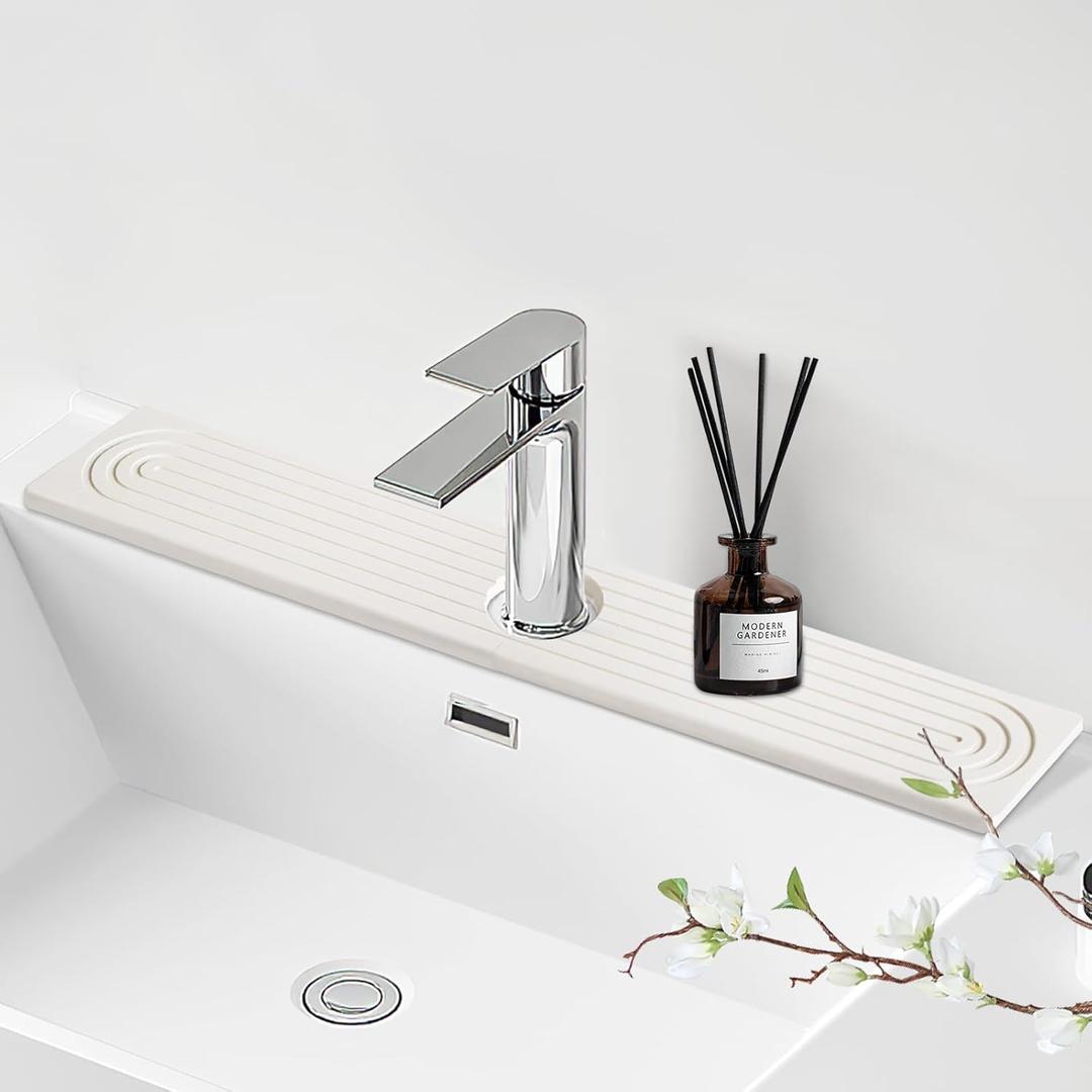 Faucet Mat for Kitchen Sink - 23.6" Diatomite Fast Drying Stone Sink Tray Absorbent Mat Faucet Splash Guard for Kitchen Sink and Bathroom Counter Drying Mat (White, 23.6"x 3.9")