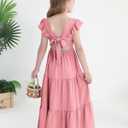 Girls Summer Dresses Tween Tie Back Ruffle Sleeve Kids Swing Flowy Casual Beach Maxi Dress, 7-8Y