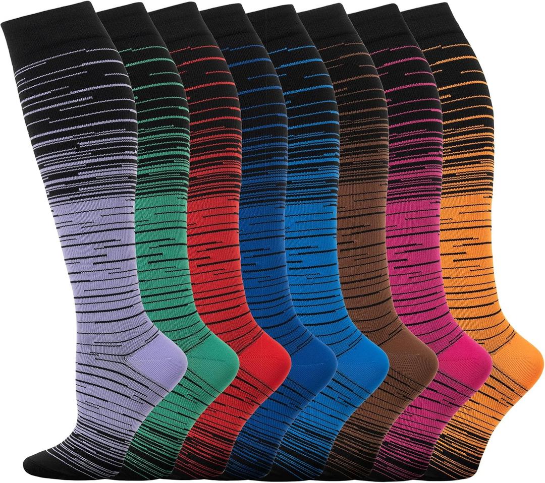 Compression Socks for Women Men Circulation Knee High 8 Pairs for Nurses, Running, Travel, Athletic (Large-X-Large)