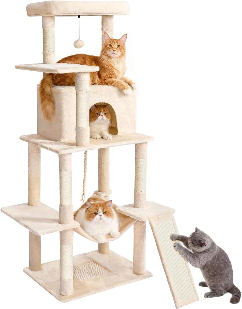 ABCPET Cat Tree Tower 63in Multi-Level Cat Tower for Indoor Cats with Sisal Scratching Posts, Condo, Hammock, Dangling Ball and Extended Platform for Cats to Play, Beige