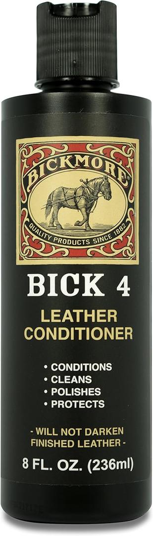 1. Bick 4 Leather Conditioner and Leather Cleaner 8 oz - Will Not Darken Leather - Safe For All Colors of Leather Apparel, Furniture, Jackets, Shoes, Auto Interiors, Bags & All Other Leather Accessories 2. 
Bick 1 Leather Cleaner 8 oz - Clean Dirt, Oil, Sweat, Salt, and Water Stains from All Colored, White, and Black Leather