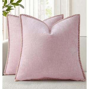 decorUhome Chenille Soft Cozy Throw Pillow Covers 22x22 Set of 2 Modern Farmhouse Boho Velvet Decorative Euro Sham Pillow Cases with Stitched Edge for Couch Sofa Bed Home Valentines Decor, Blush Pink