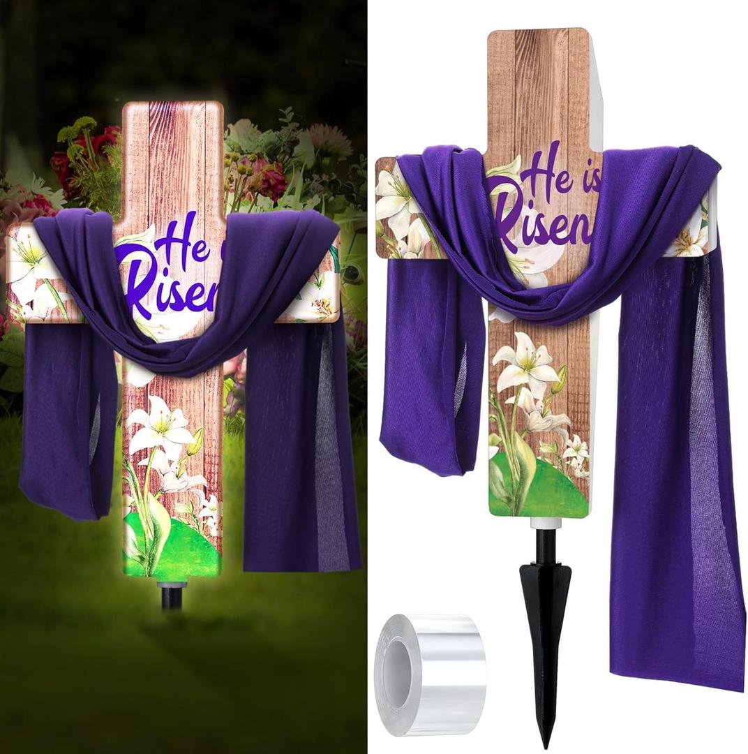 Easter Solar Lighted Cross with Purple Scarf He Is Risen Spring Outdoor Solar Religious Yard Decoration Light up Easter Cross Stakes for Home Outside Church Garden Porch Lawn Memorial Decor