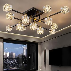 OKES Crystal Ceiling Light Fixture with 13-Lights,Black and Gold Semi Flush Mount Ceiling Light, Modern Chandelier for Kitchen Island, Living Room, Bedroom, Dining Room