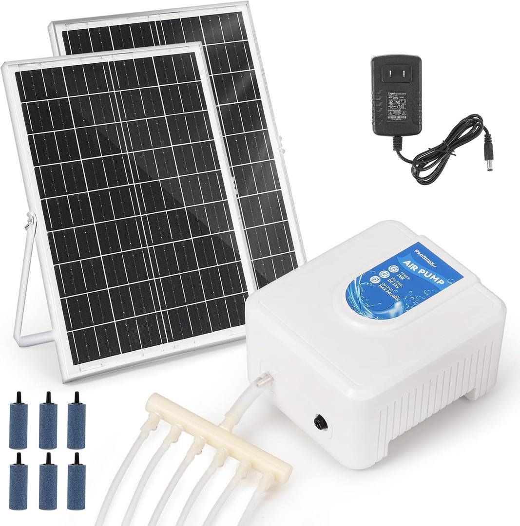 Poafamx Solar Pond Aerator 380GPH, 16W High Efficiency Solar Air Pump with Dual 30W Solar Panels & AC Adapter, Oxygen Pump for Outdoor Koi Pond, Fish Tank, Hydroponics, Wildlife