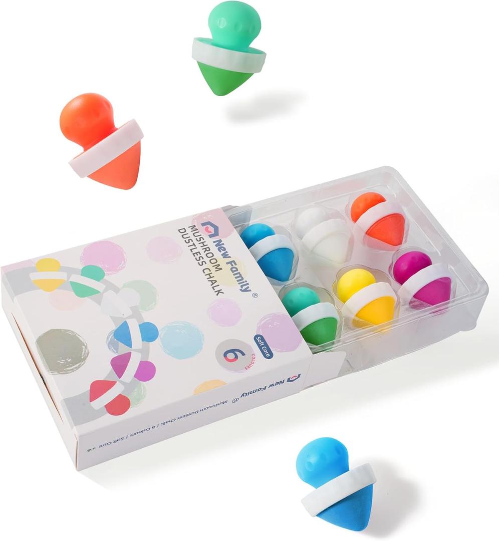 NewFamily Dustless Mushroom Sidewalk Chalk for Kids Non-Toxic Washable Outdoor Art & Blackboard Drawing Chalk with Holder | Mess-Free Fun Play for Classroom & Home6 color