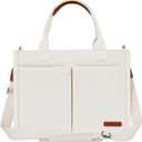 FIORETTO Womens Canvas Tote Bag Purse with Individual Compartment, Zipper Top, Reinforced Bottom & Luggage Sleeve, Ivory White