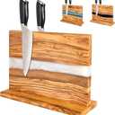Magnetic Knife Block Stand - Italian Olive Wood Kitchen Knife Holder Rack with Resin Flow Design - Double Sided Strong Magnet Knife Block - Universal Knife Organizer Holds 18 Knives - White Pearl