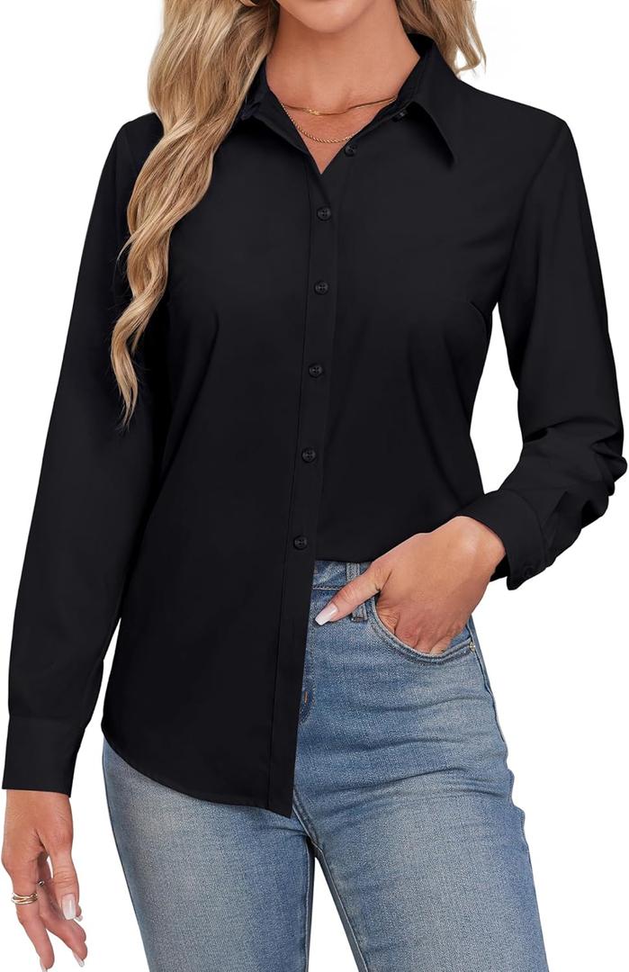 Womens Button Down Dress Shirts Long Sleeve Button Up Collared Blouses Fitted Wrinkle Free Work Office Top Black XX-Large (Black, XXL)
