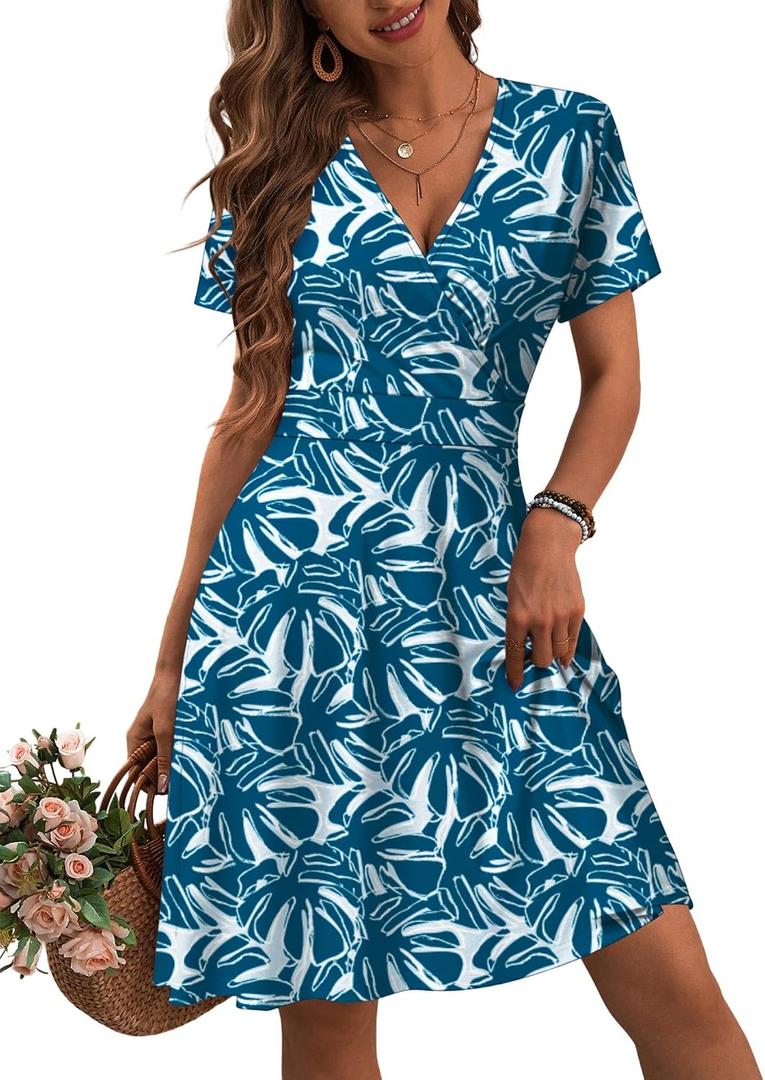 MSBASIC Womens Summer Wrap V Neck Casual Dresses Floral Short Sleeve A-Line Midi Sundress (L)