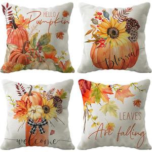 Fall Decor Pillow Covers 18x18 Set of 4 Pumpkin Maple Leaves Sunflower Vase Fall Outdoor Throw Pillows Covers Autumn Farmhouse Thanksgiving Decorative Cushion Case for Couch Sofa