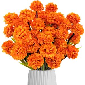 Fall Fake Mums Artificial Flowers, 6 Pack 42 Heads Faux Silk Small Chrysanthemum Ball Plastic Plants Outdoor UV Resistant for Autumn Home Kitchen Outside Porch Garden Pots Decoration (Orange)