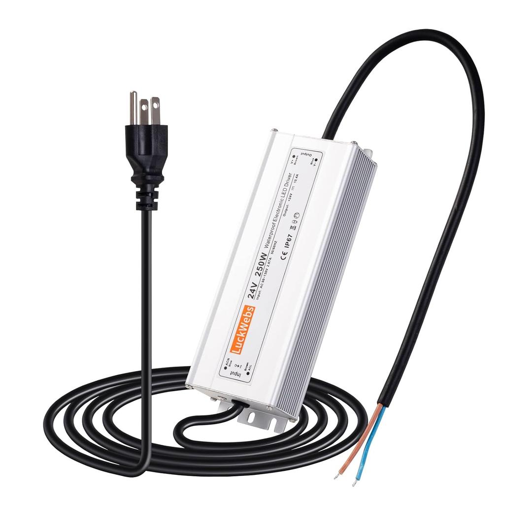 LED Driver 24V250W Waterproof Power Supply AC 90-130V to DC 24V10.4A Low-Voltage IP67 Transformer Suitable for Indoor Outdoor LED Strip Lights and Any 24V DC High-End Equipment