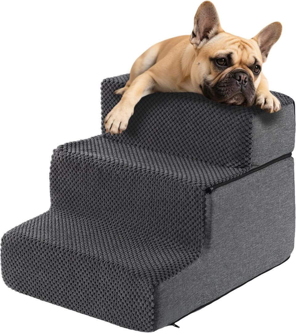 Dog Stairs for Small Dogs & Cats 13.5" H, 3-Step Non-Slip Dog Steps for Bed, Sofa and Chair, Pet Stairs with High Density Foam, Grey