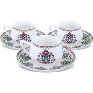 KARACA Nakkas Turkish Coffee Cup Set of 6, (12 Piece) White Cups with Saucers - 3.3 fl oz Small Porcelain Espresso Set - Ideal for Serving Greek, Arabic Coffee