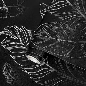 Black Peel and Stick Wallpaper 17.7"x480" Feather Wallpaper Removable Modern Vinyl Wall Paper Waterproof Contact Paper for Bedroom Living Room