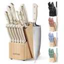 Carote 14 Pieces Knife Set with Wooden Block Stainless Steel Knives with Ergonomic Handle, Forged, White