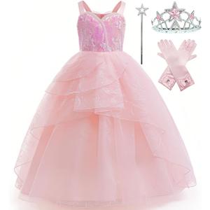 Xefenki Good Witch Glinda Costume Dress for Girls Halloween Cosplay Outfits With Crown Magic Wand and Gloves (4-5 Years, Pink)