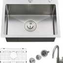 Drop In Kitchen Sink with Faucet Combo, 21 x 18 Inch Single Bowl Outdoor Kitchen Sink 18 Gauge Stainless Steel Handmade RV Wet Bar Prep (Brushed Nickel)