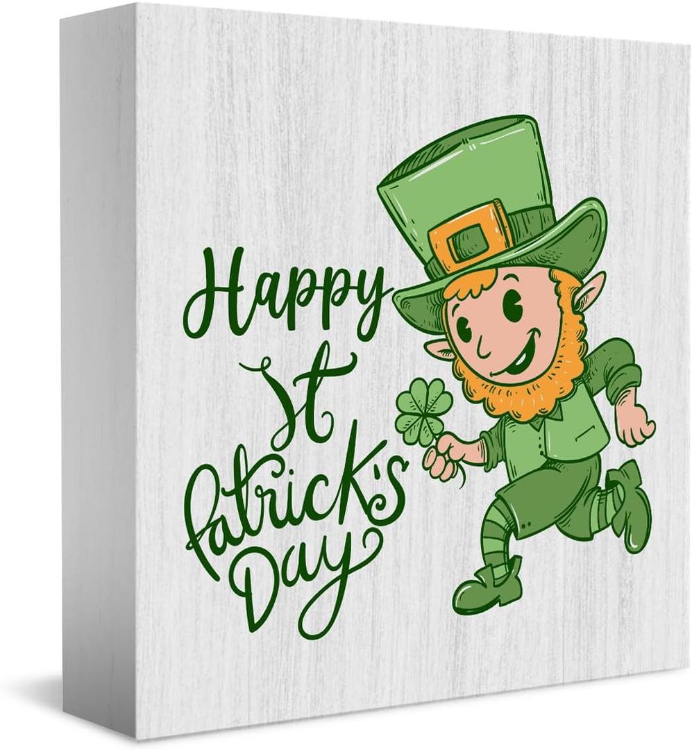 Happy St. Patricks Day Wooden Box Sign, Spring Decor, Country Style Lucky Clover Green Top Hat, Beer Mug Gold Coin Pattern Desk Decorate, Home Desk Office Decor 5 x 5 Inches (Little Elf)