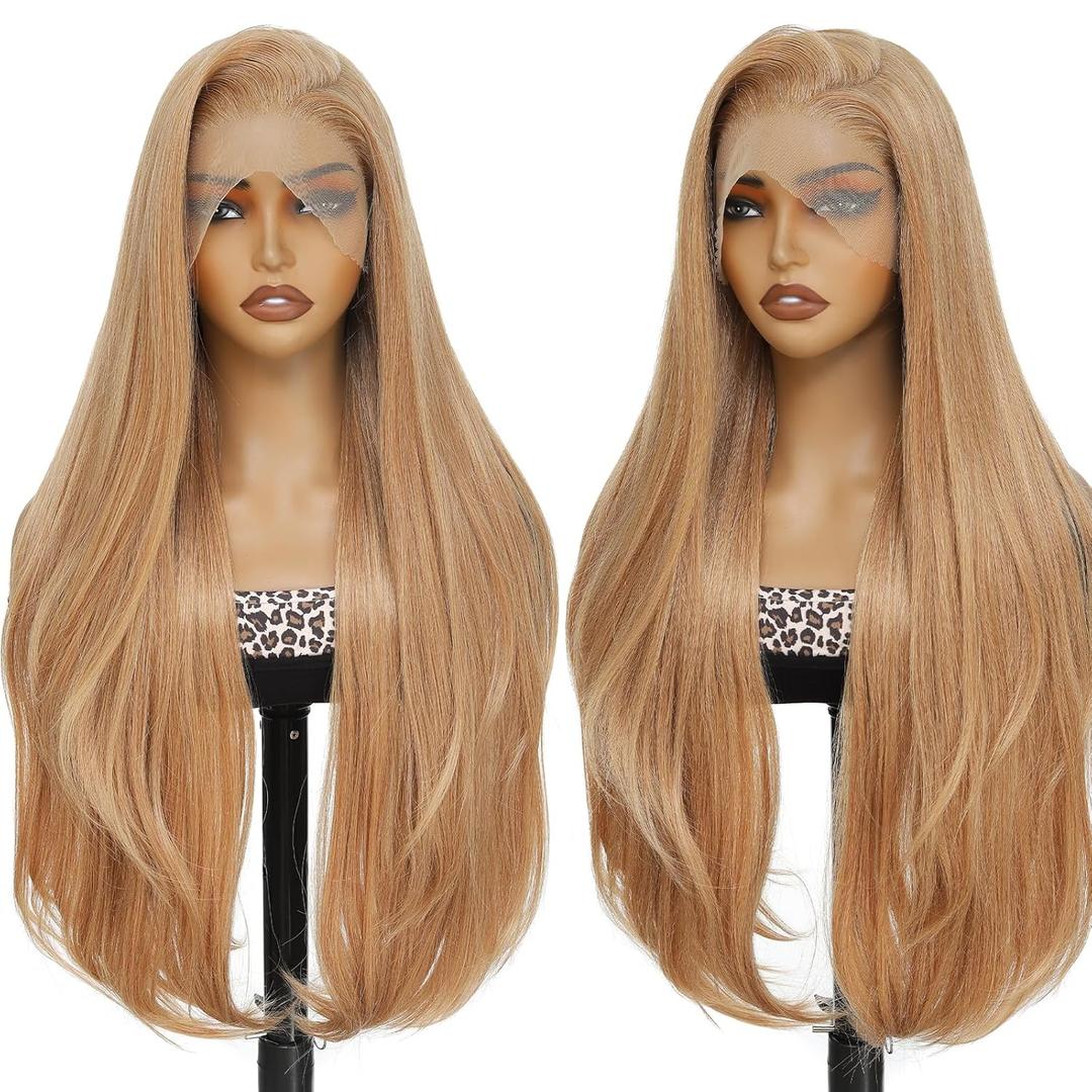 13x6 Honey Blonde Balayage Wig Pre-layered 30 Inch Long Fashion Chic HD Lace Free Part Frontal Wig Natural Density Straight with Wavy End Pre Plucked Tiny Knots with Baby Hair Synthetic