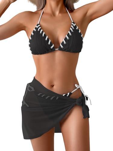 B2prity Women's Bikini Sets 3 Piece Swimsuit Halter Triangle Mesh Sarong Wraps Bathing Suit with Coverups M