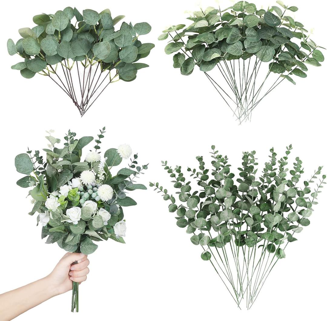 Giegxin 90 Pcs 3 Kinds Mixed Artificial Eucalyptus Leaves Stems Bulk Silver Dollar Leaves Picks Dried Eucalyptus Bundle Faux Spray for Wedding Vase Bouquet Floral Arrangement (Green)