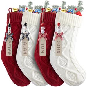Personalized Christmas Stockings - 18 Inches Hanging Stockings with DIY Snowman Name Tags, 4 Pack Large Size Knitted Stockings for Mantels, Christmas Tree Family Holiday Decor, Red and White