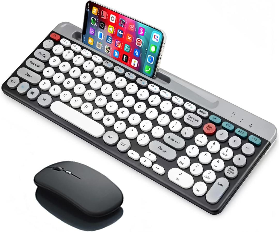 Wireless Keyboard and Mouse Combo with Phone Tablet Holder, Rechargeable Dual-Mode (Bluetooth 5.0 and 3.0 +2.4G) Multi-Device Silent Mouse for Windows, iPad, Tablet, MacOS,iOS,Android (White+Grey)