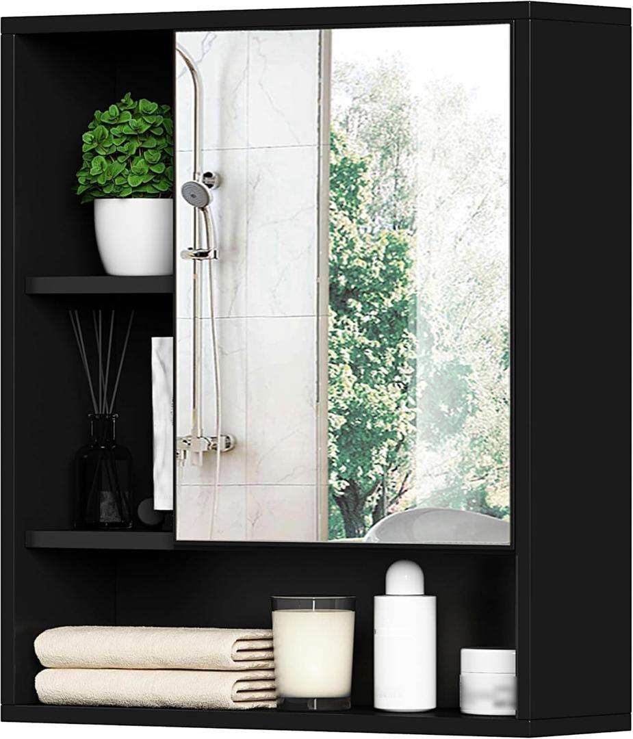 ChooChoo Bathroom Wall Mirror Cabinet, Medicine Cabinet with Single Door and Adjustable Shelf, Over The Toilet Space Saver Storage Cabinet, Black (6.3"D x 21.6"W x 24.0"H)