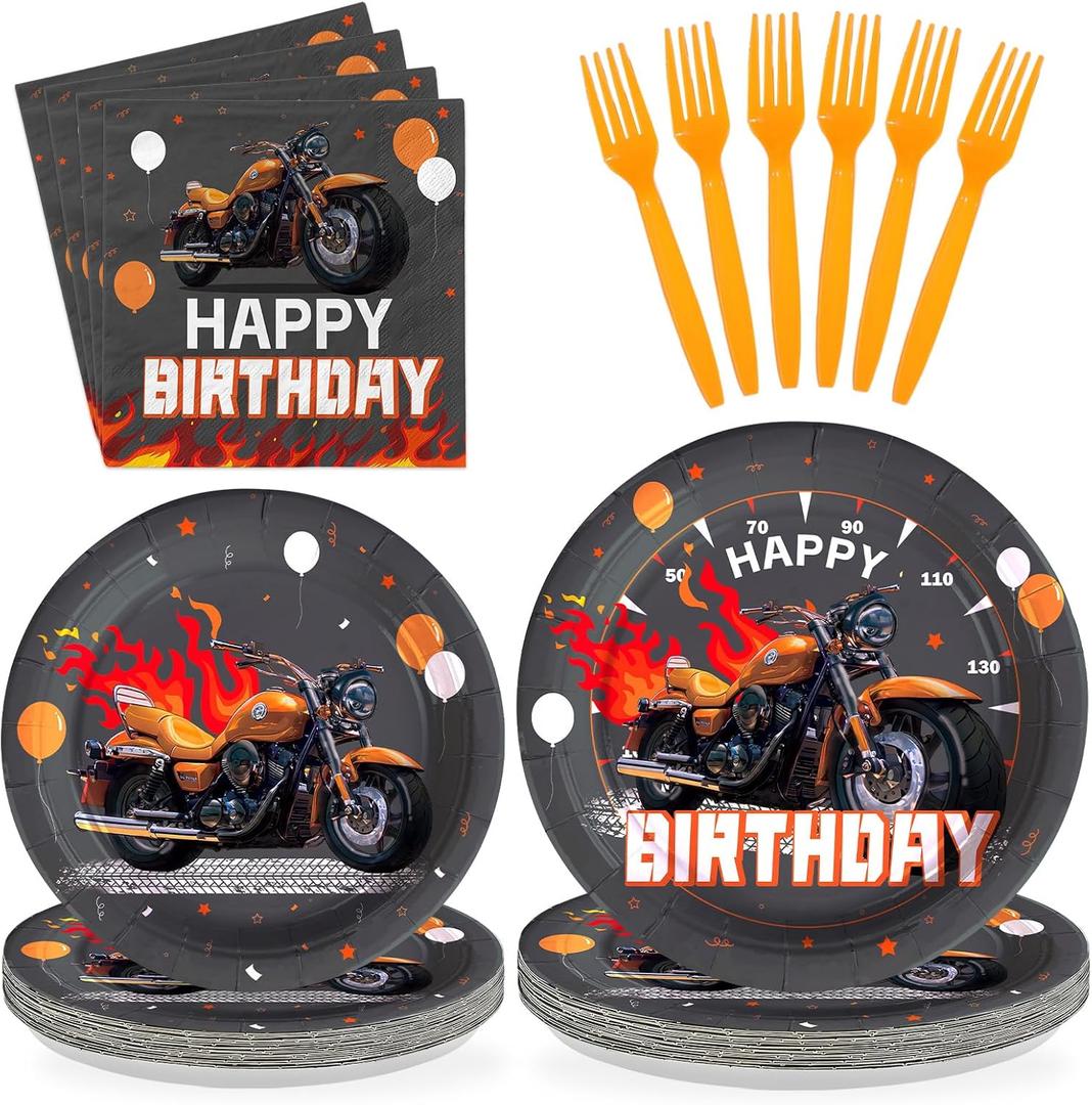 96Pcs Motorcycle Birthday Party Decorations Dirt Bike Birthday Paper Plates and Napkins Sets Black and Orange Dirt Bike Motorbike Decorations for Boys Motorcycle Theme Bday Party Supplies Serves 24