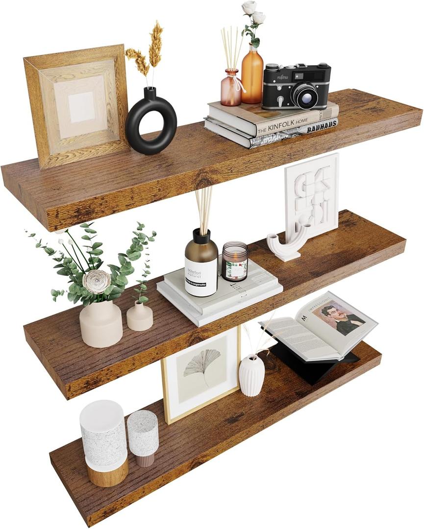 Colima Floating Shelves for Wall Brown Wood Shelf for Bedroom, 36 Inch Wall Mounted Floating Shelves for Bathroom Living Room Kitchen Office, 1.3" Thick Floating Book Shelves for Wall, Set of 3