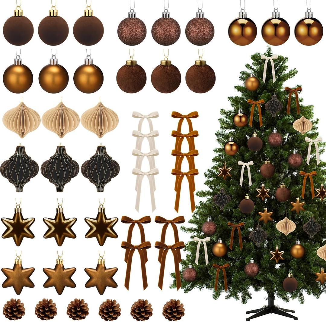 45 Pcs Brown Neutral Christmas Ornaments Set with Brown Balls Velvet Bows Pine Cones Ribbons Pentagram and Honeycomb for Xmas Tree Decorations Holiday Rustic Farmhouse Indoor Home Decor