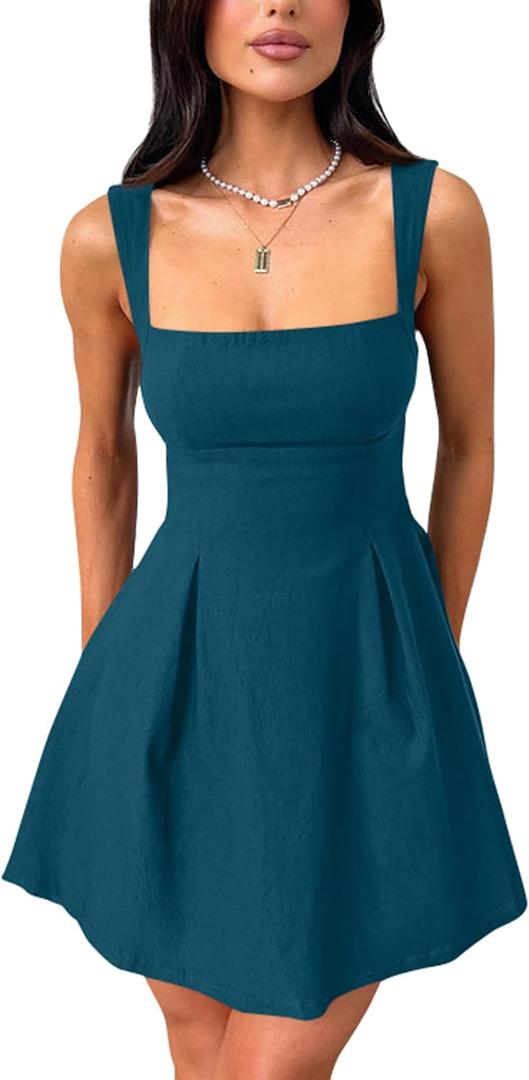 YMDUCH Women's Sexy Sleeveless Square Neck Adjustable Straps Bow Tie A-line Mini Party Club Dress (Teal, L)