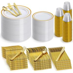 600 Pieces Gold Plastic Dinnerware for 100 Guests, Disposable Plastic Plates for Party Wedding Birthday, Includes 100 Dinner Plates, 100 Salad Plates, 100 Spoons, 100 Forks, 100 Knives, 100 Cups