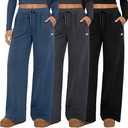 Neer 3 Pack Women's Wide Leg Pants, High Waisted Baggy Cotton Sweatpants Casual Athletic Drawstring Yoga Pants with Pockets, Medium 