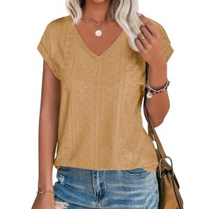 Imily Bela Womens V Neck T-Shirt Summer Cap Sleeve Dressy Casual Tops Eyelet Embroidered Fashion Tees Khaki (S)