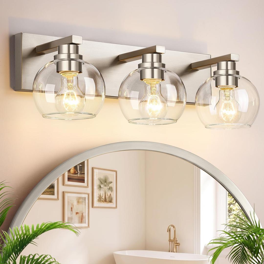 Bathroom Light Fixtures, 3-Light 22 Inch Brushed Nickel Bathroom Vanity Light, Modern Wall Sconces with Clear Glass Globe Shades, Vanity Lighting Fixtures Over Mirror, E26 Socket (Bulbs Not Included)