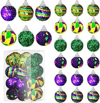 Lenwen 24 Pcs Mardi Gras Ball Ornaments for Tree Mardi Gras Tree Decorations Mardi Gras Fabric Wrapped Ball Sequin Ball for Carnival Party Decor