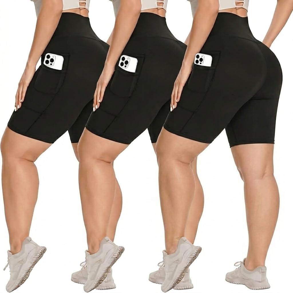 Syrinx 3 Pack Biker Shorts for Women 8"/5" High Waisted Tummy Control Workout Yoga Running Athletic Shorts (Black, XL)