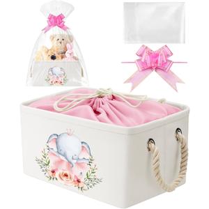 Pickmesh Baby Shower Storage Basket with Gift Bags Rectangular Ribbons Collapsible Canvas Storage Bin with Handles for Diaper Organizing Toy Home DIY Gift Basket, 13 x 9. 1 x 7. 1 Inch (Pink Elephant)