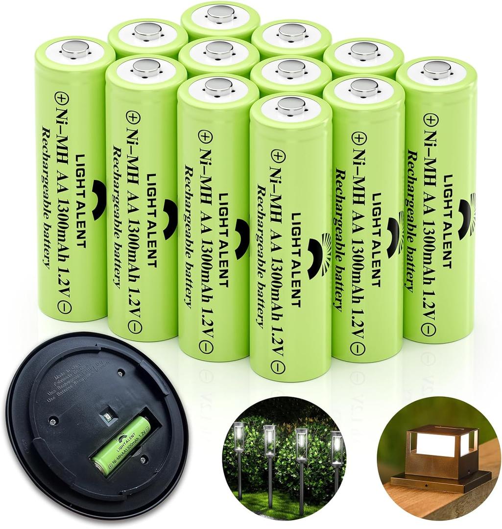 Ni-MH AA Rechargeable Batteries, Double A High Capacity 1.2V Pre-Charged Battery for Outdoor Solar Lights (AA-1300mAh-12pack)