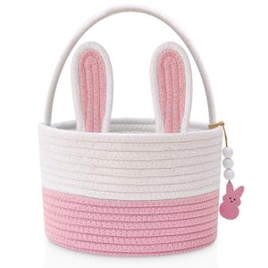Easter Baskets for Kids, Pink Small Woven Rope Bunny Personalized Easter Basket Empty with Handle, Basket Name Tag, Baby Egg Easter Baskets for Girls Boys Toddler Babies Infant, 9" x 9" x 6.3", Pink, Small