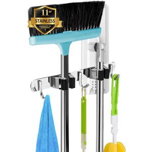 2 Racks and 3 Hooks Broom and Mop Holder Wall Mounted Garage Organizer Storage Tool Racks Stainless Steel Heavy Duty Hooks Self Adhesive Solid Non-slip Wall Hangers for Home Kitchen Garden Laundry
