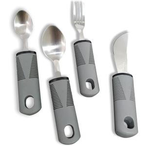 4-Piece Set Adaptive Utensils for Hand Tremors, Parkinson's, Arthritis - Weighted, Easy Grip, Extra Wide Handles - Knife, Fork, Spoon, Teaspoon - Grey